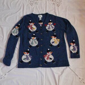 The Quacker Factory Blue Cardigan Sweater w. Snowmen - Womens Size L